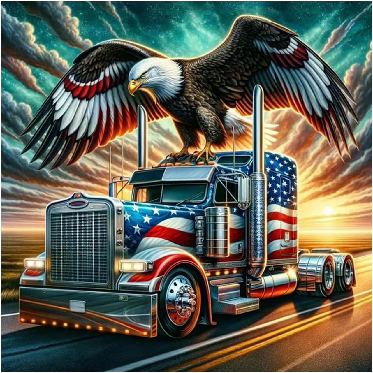 Truck Diamond Painting Kits for Adults, 5D DIY American Flag Diamond Art Kits for Beginners, Full Drill Round Diamond Art for Home Wall Decor, Eagle, 12x12 inch